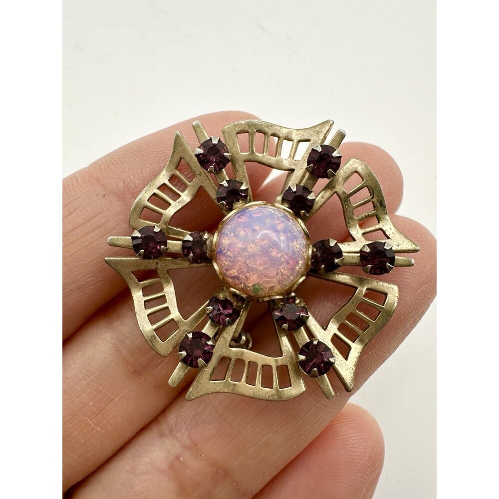 Vintage Faux Opal Rhinestone Floral Brooch